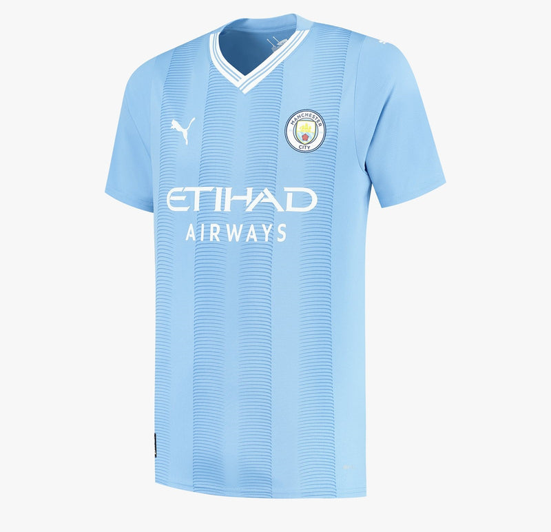 camisa-man-manchester-city-azul-branca-branco-home-casa-titular-23-24-puma-versao-fan-torcedor-masculino-masculina-etihad-airways-1-i-haaland-de-bruyne-mahrez-alvarez-primeira-oficial