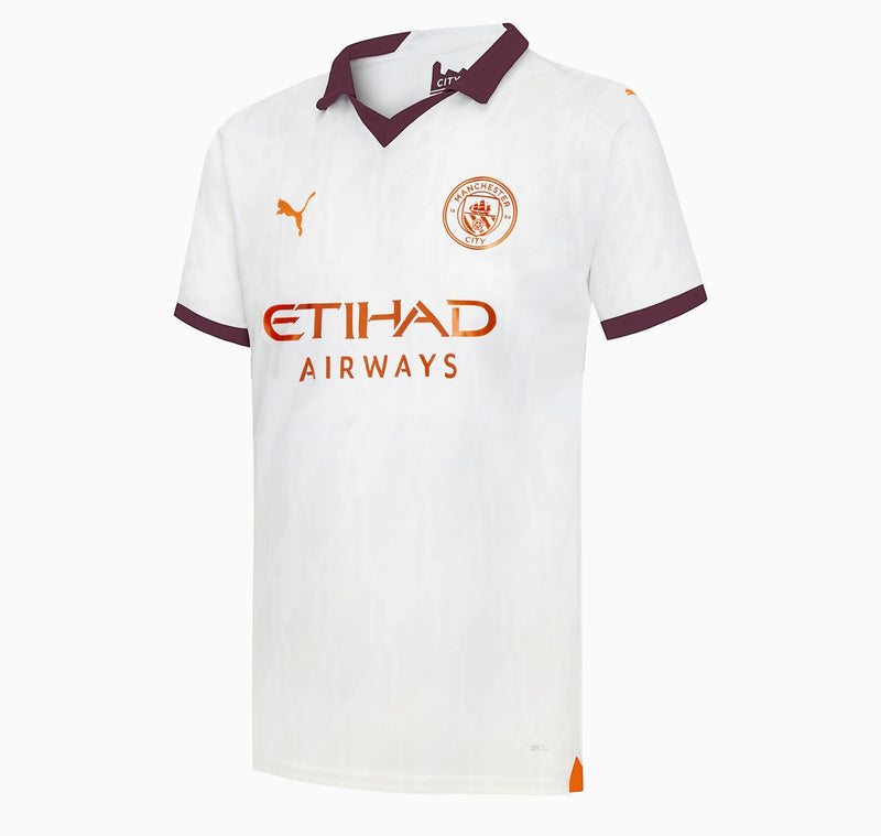 camisa-man-manchester-city-branca-branco-away-fora-reserva-visitante-23-24-puma-versao-fan-torcedor-masculino-masculina-etihad-airways-2-ii-haaland-de-bruyne-mahrez-alvarez-primeira-oficial-dourado-dourada