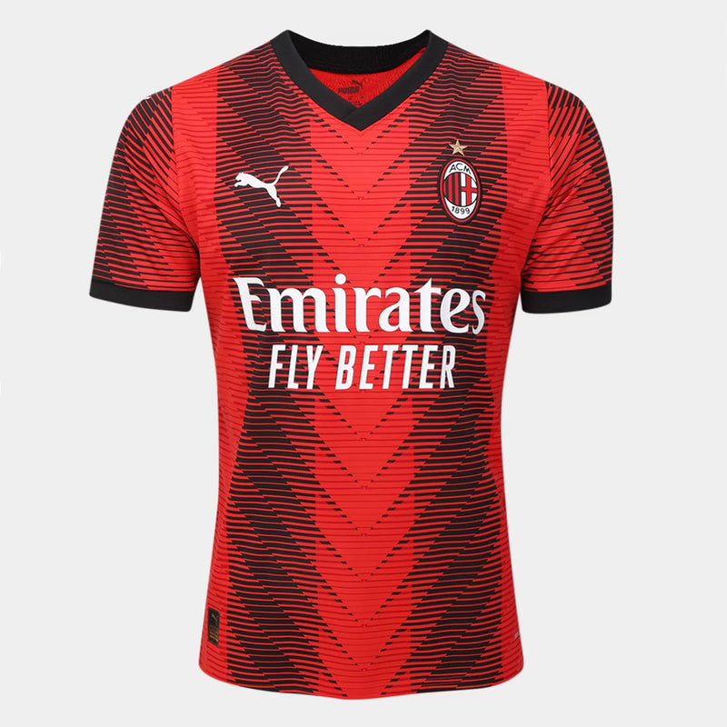 camisa-milan-home-casa-titular-1-i-23-24-puma-versao-torcedor-masculino-masculina-vermelho-vermelha-preto-preta-branco-rafael-leao-leao-oficial-emirates-fly-better